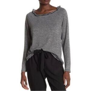 Gibson Ruffled Lettuce Edge Raglan Pullover Marled Striped Long Sleeve Tee Top